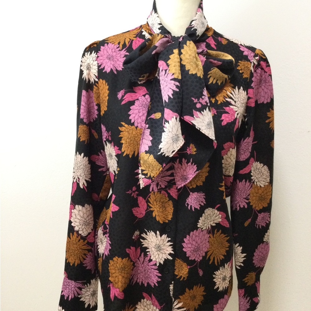 Ann Taylor Black Pink Floral Tie Neck Blouse Button Up Long Sleeve S